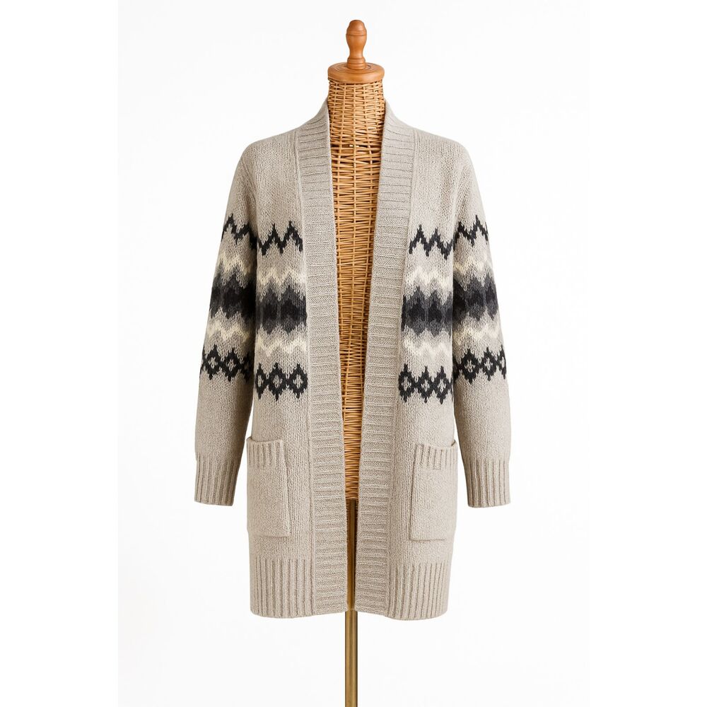 Sonoma Life Style Fair Isle Open Front Cardigan Gray Black Knit Women’s M